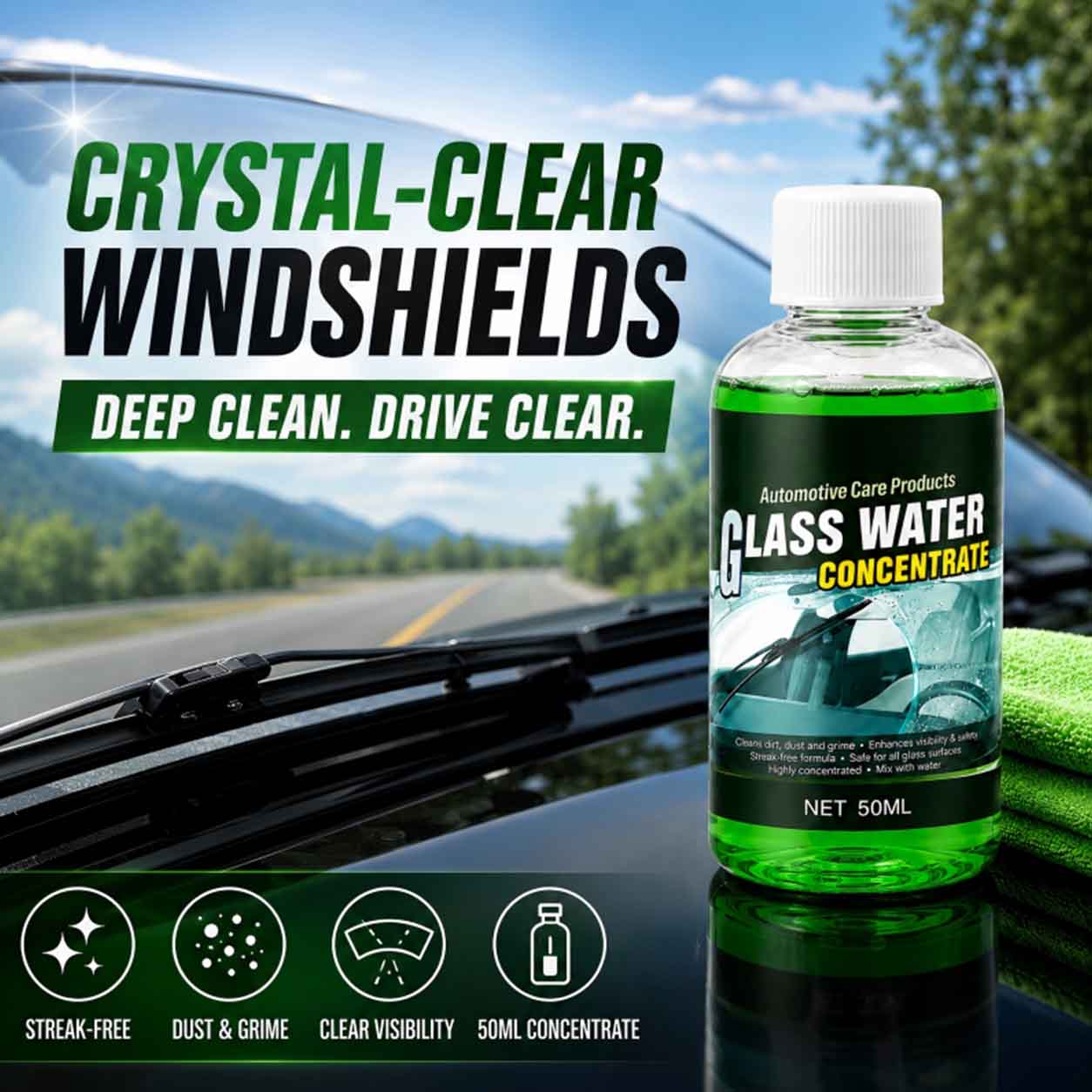 🔵 Glass Concentrate – 10ml makes 1L, cuts bugs & grime, streak-free.
