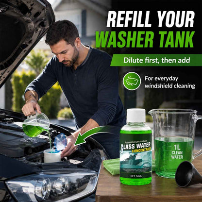 🔵 Glass Concentrate – 10ml makes 1L, cuts bugs & grime, streak-free.