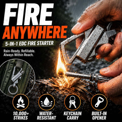 🔥 EDC Waterproof Fire Starter Keychain | Refillable Survival Lighter