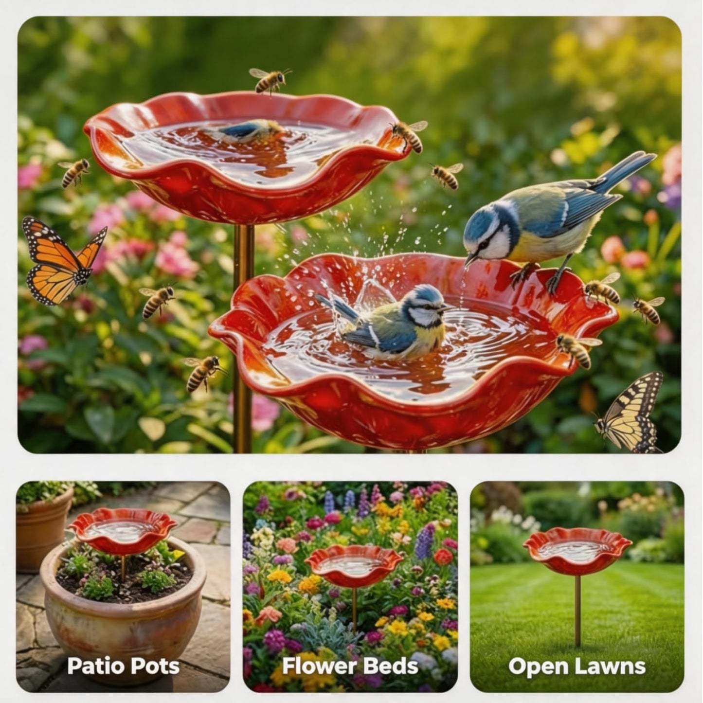 🎁Handmade Metal Flower Garden Stake Bird Bath🐦