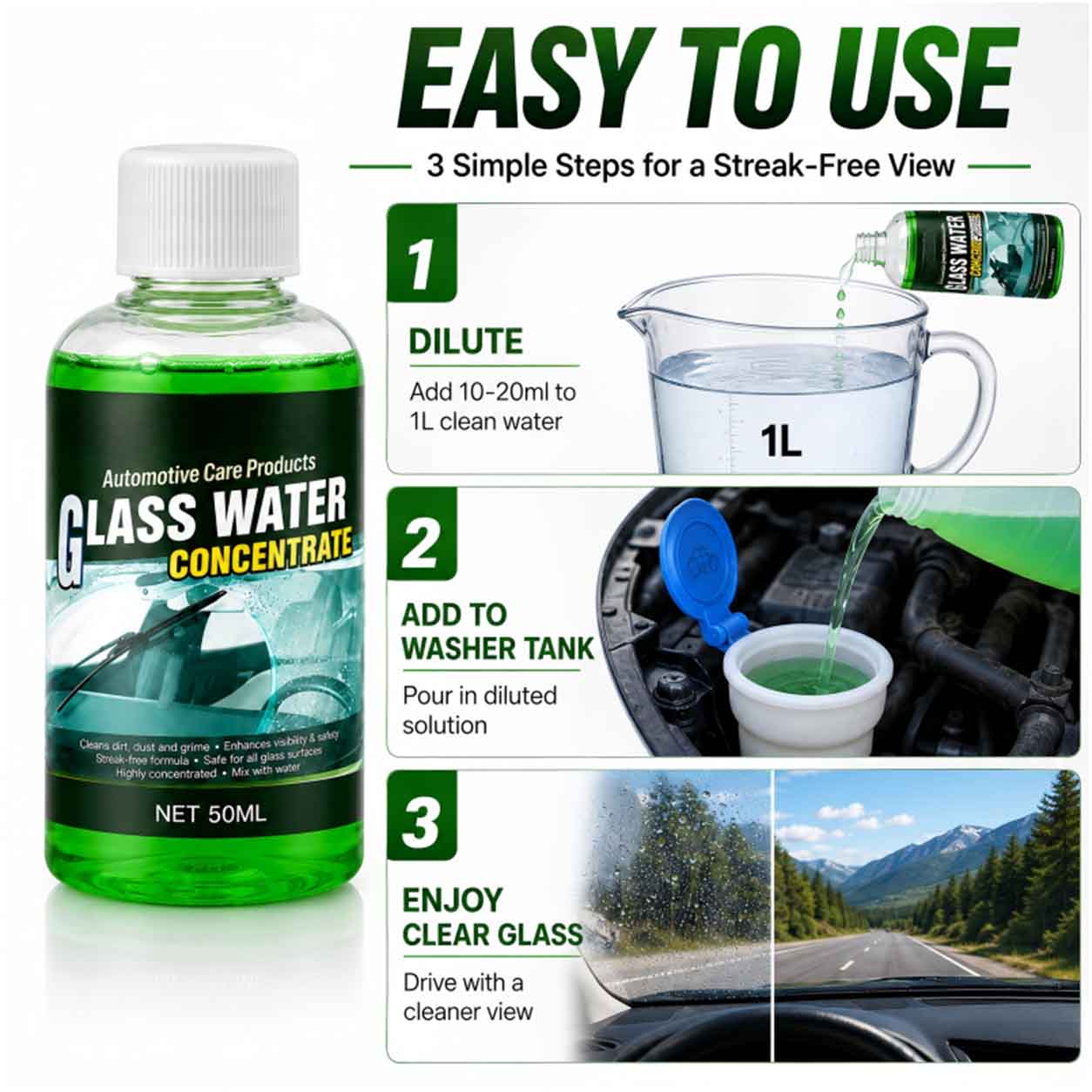 🔵 Glass Concentrate – 10ml makes 1L, cuts bugs & grime, streak-free.