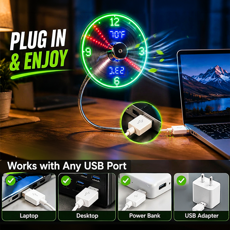🔥2026 Hot Sale 50% OFF🔥USB Fan with LED Clock Lighting