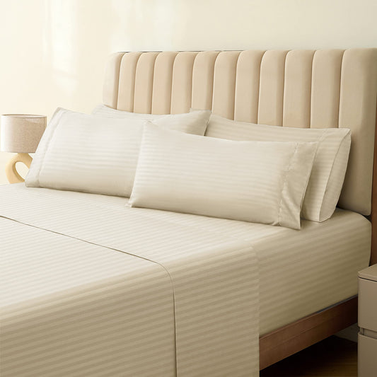 LuxClub 6PC Queen Striped Sheet Set – 18" Deep Pocket Microfiber, Cream