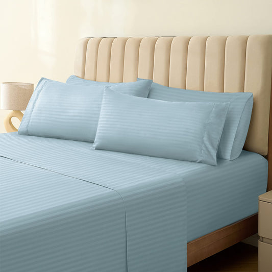 LuxClub 6PC Queen Striped Sheet Set – 18" Deep Pocket Microfiber, Light Blue
