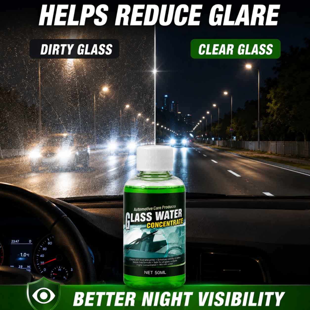🔵 Glass Concentrate – 10ml makes 1L, cuts bugs & grime, streak-free.