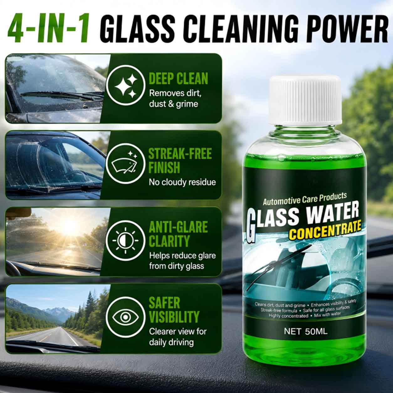 🔵 Glass Concentrate – 10ml makes 1L, cuts bugs & grime, streak-free.